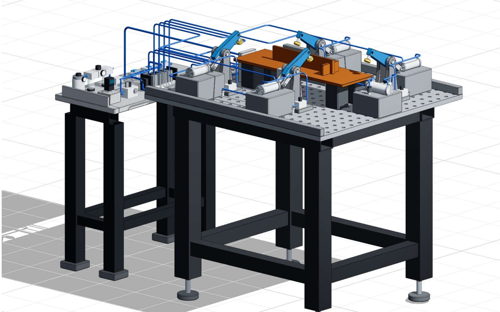 Configured pneumatic clamping fixture with clamping cylinders on a grid base plate